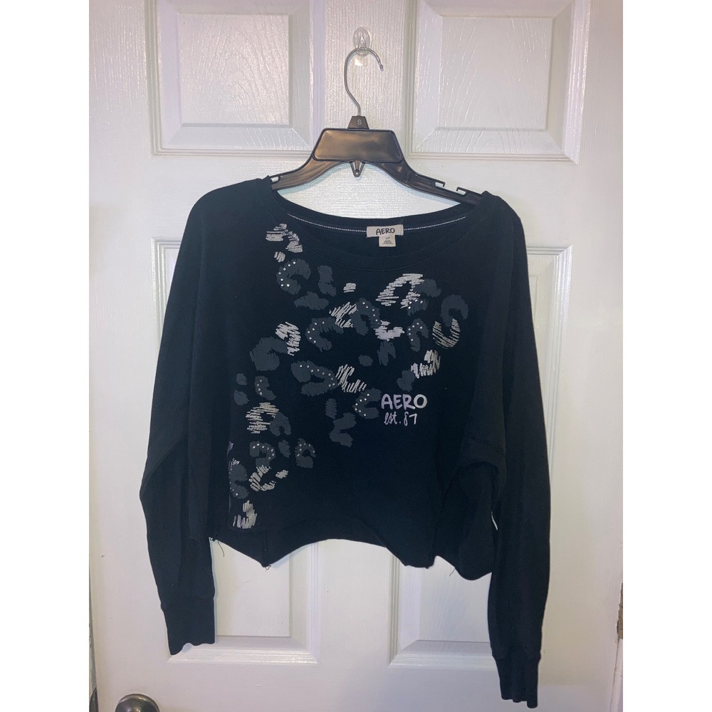 AERO EST 87 Black Cheetah‎ Print Long Sleeve Cropped Sweatshirt Women's S/P